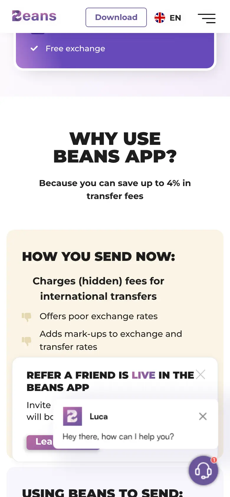 Beans op een telefoon, verder op de pagina